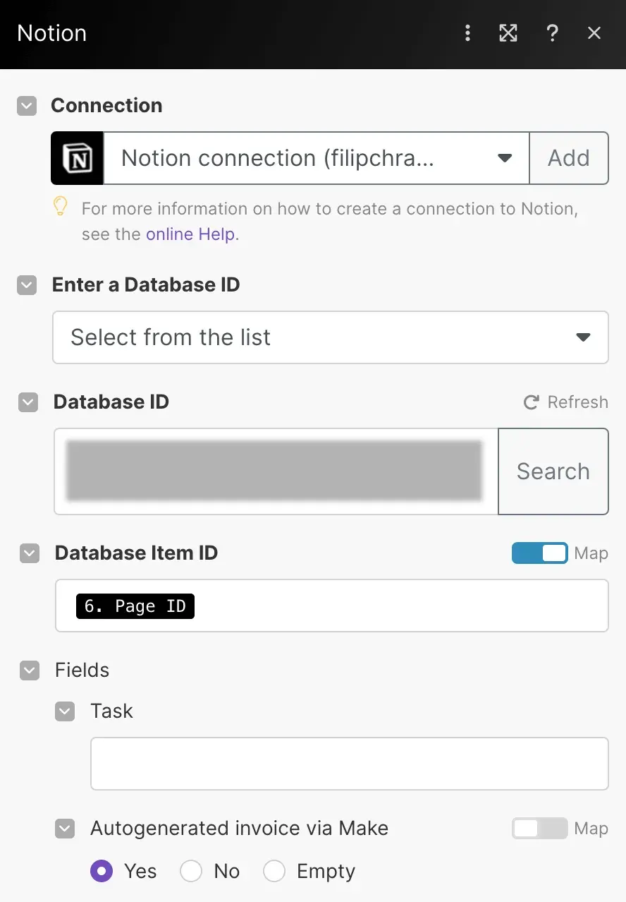 Struktura modułu Notion: Update Database Item